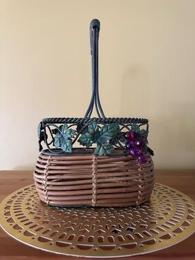 Woven Rattan Basket Handbag with Leaf and Grape Accent - Brown